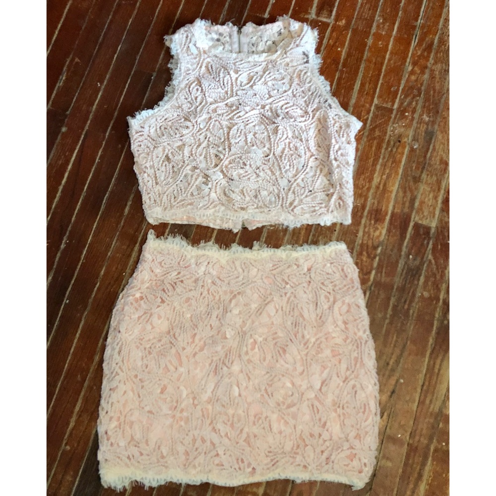 Blush lace two piece crop top and mini skirt